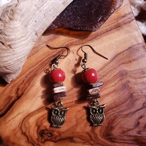 Handmade Bohemian Tribal Owl & Wood Beads Boho Earrings